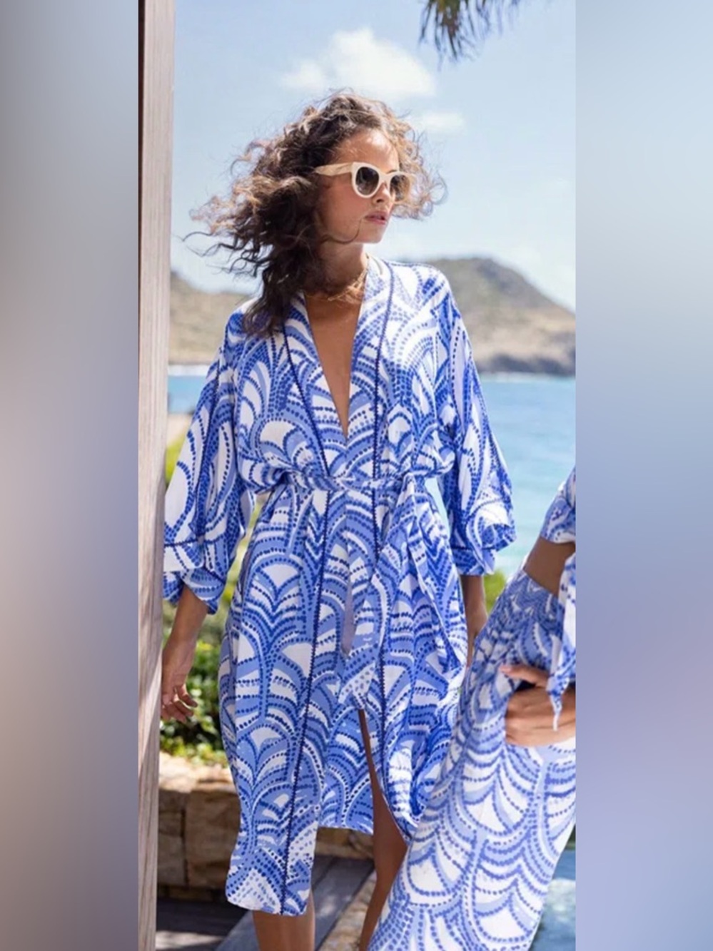 Poupette St. Barth Blue and White Long Kimono Erica